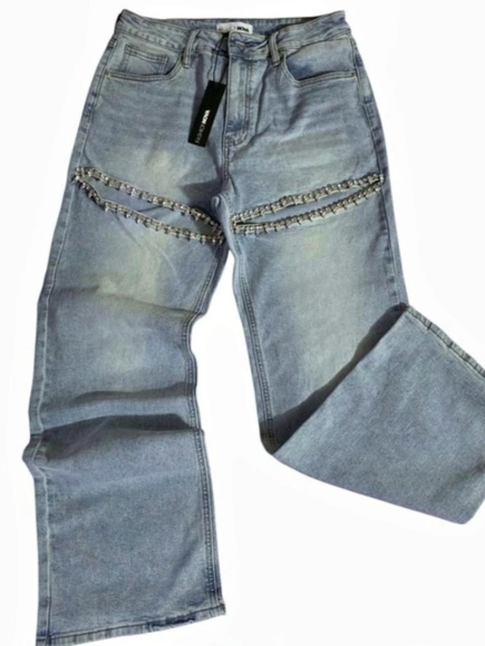 Fashion Nova Wide Leg Embellished Jeans in Blue-Waist 11 NWT(Size L)